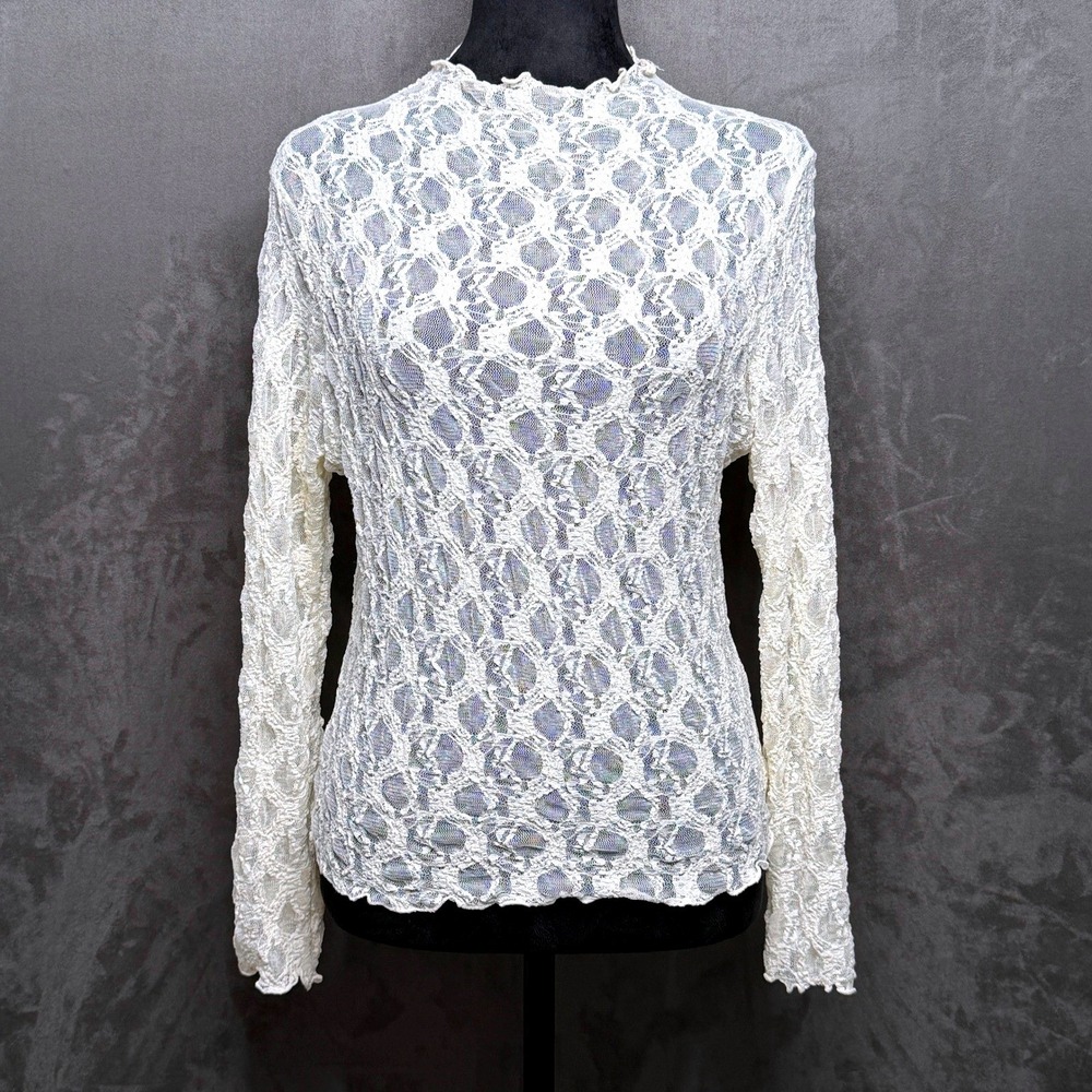 Primark Lace Top Womens Medium Cream Long Sleeve Mock Neck Sheer Stretch Fairy